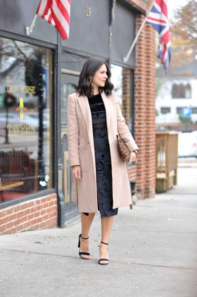 Light pink midi blazer with black velvet dress and open toe heels