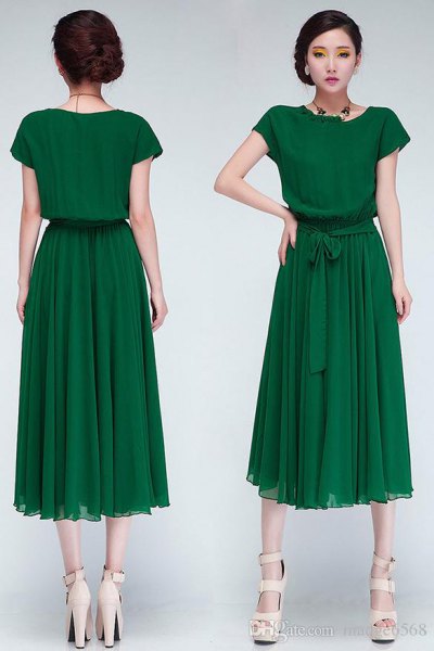 green chiffon pleated midi dress with waistband