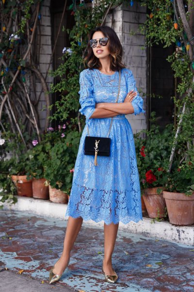 Midi dress with blue lace and gathered waist and silver, pointed toe heels