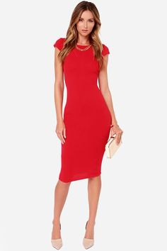 red bodycon midi dress with cap sleeves and white clutch wallet