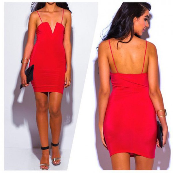 red, form-fitting mini dress with spaghetti straps and V-neck and open toe heels