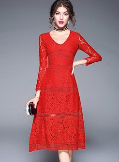 red long sleeve fit and flare midi lace dress with collar