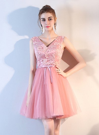 pink two-tone lace with v-neck and chiffon mini cocktail dress