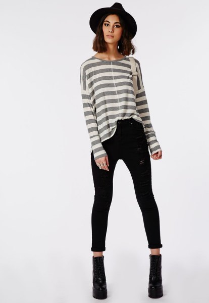 gray and white striped long-sleeved T-shirt with black felt hat