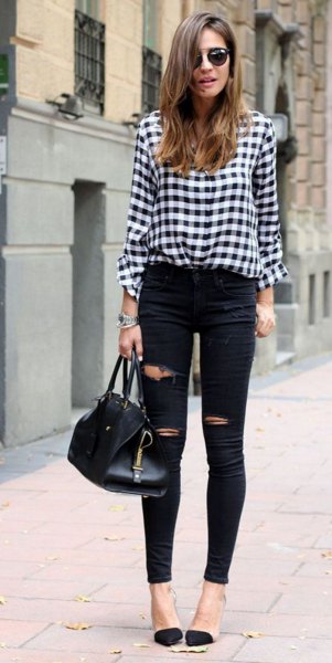 black and white checked blouse with high waisted, ripped jeans