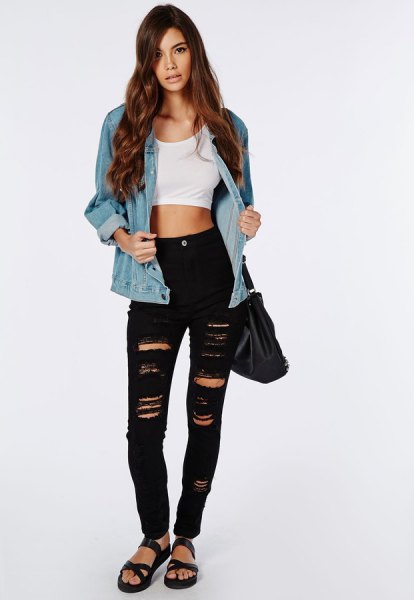 white crop top with blue denim jacket and torn black skinny jeans