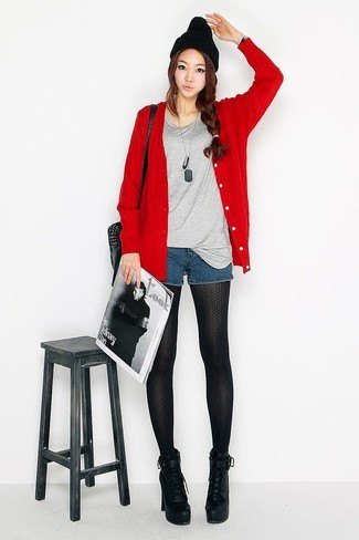 red cardigan with gray t-shirt and small blue denim shorts