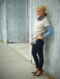 blue chambray shirt with white short-sleeved sweater