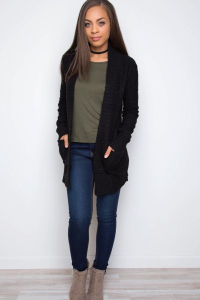 black knit sweater with collar and gray t-shirt