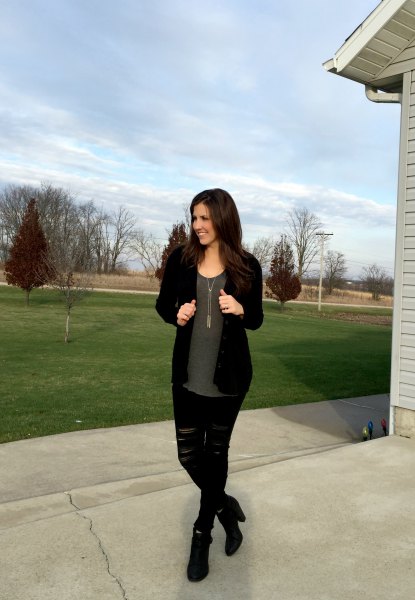 black cardigan with gray chiffon blouse and torn jeans