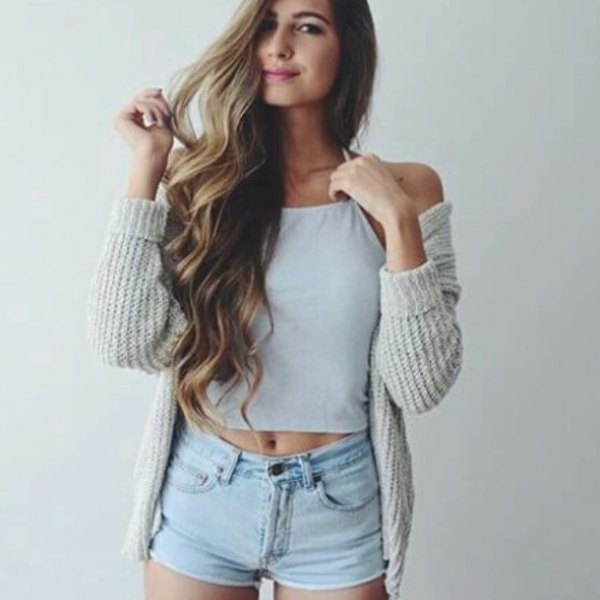 gray ribbed cardigan with white crop top and light blue denim shorts