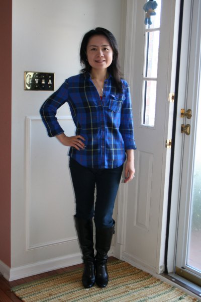blue checked flared shirt with dark skinny jeans and knee-high boots