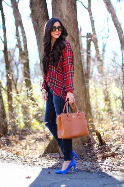 red and black checked flannel shirt with torn jeans and royal blue heels