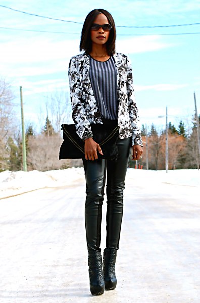 Black and white floral blazer and vertical striped blouse