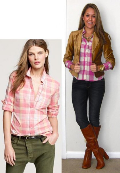 blush and white plaid shirt with green skinny jeans