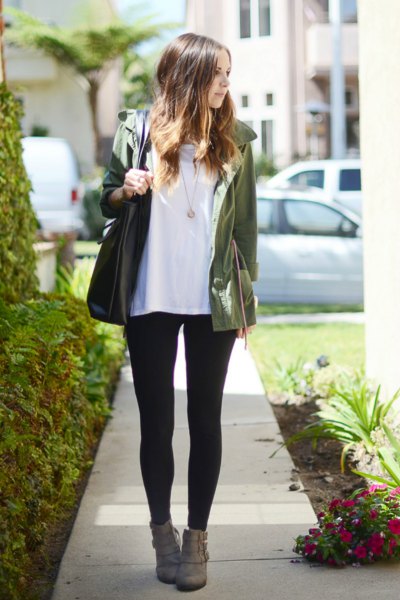 white t-shirt with gray bomber jacket and leggings