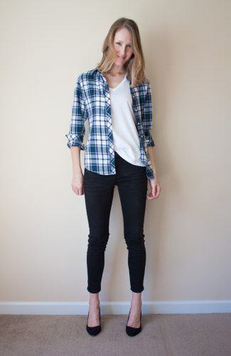 friend's plaid shirt with white scoop neck t-shirt and ballerinas
