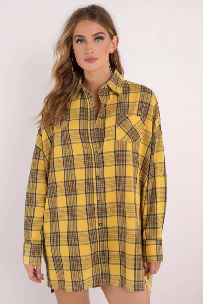 black and yellow checkered shirt dress with buttons and mini shorts