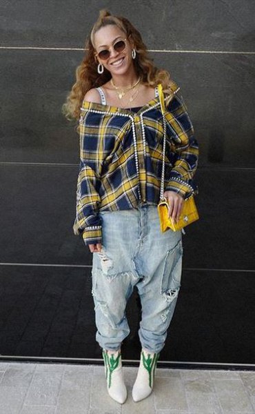 off shoulder yellow checked shirt with boyfriend jeans