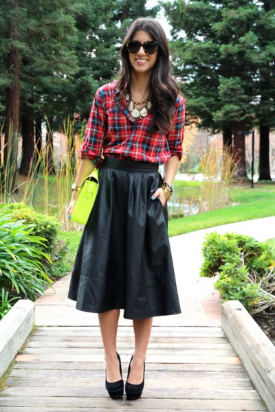 green-blue checked shirt with black flared midi skirt