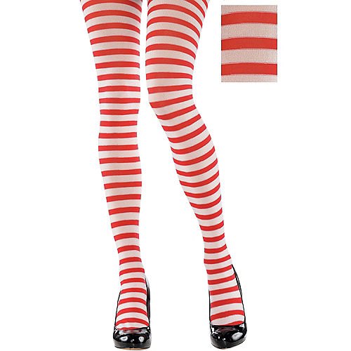 red and white horizontally striped leggings and black leather heels with rounded toes