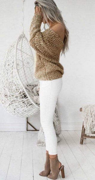blush pink off the shoulder knit sweater with white leggings