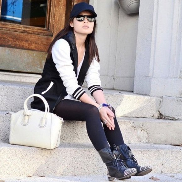 black and white baseball jacket with tunic t-shirt and combat boots with rivets