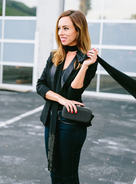 black blazer with coated jeans and narrow scarf