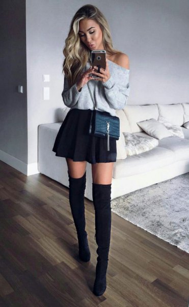 gray strapless sweater with black miniskirt