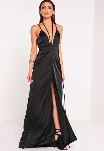 black, deep maxi dress with deep V-neck and flared high-split