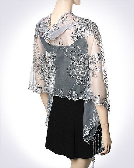 gray semi-transparent chiffon scarf with black shift dress
