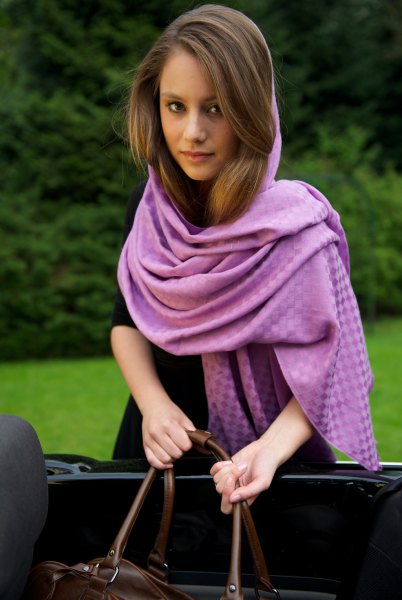gray pashmina scarf with black mini shift dress