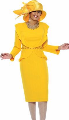 Lemon-yellow church suit with midi skirt and golden hat