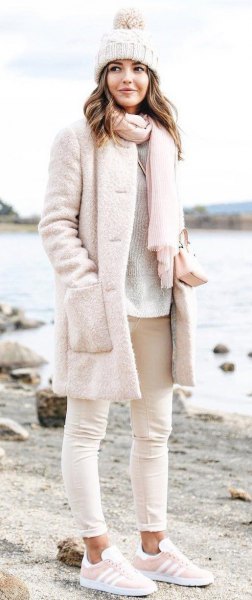 super light pink fuzzy coat with matching knitted scarf and knitted hat