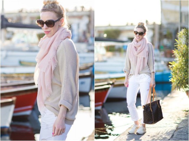 Light pink sweater with matching scarf and white pants