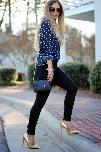 black and white polka dot blouse with gold heels