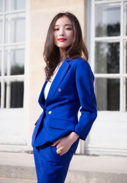 Skirt suit with a white ribbed cotton long-sleeved top with a slim fit