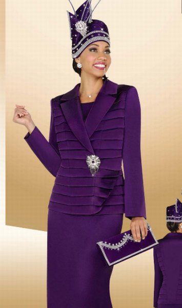purple suit jacket with midi skirt and clutch