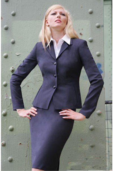slim-cut skirt suit with white shirt with buttons