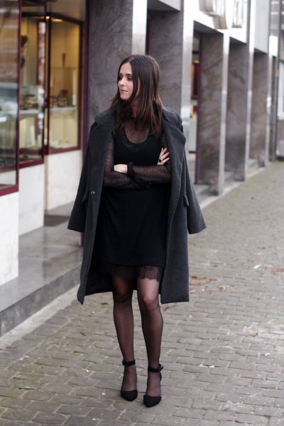 black longline wool coat with mini shift dress