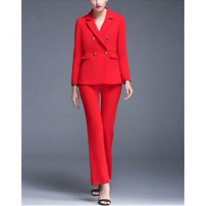 red double-breasted suit jacket with flared trousers and open toe heels