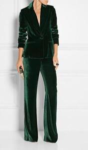 dark green velvet suit jacket with matching trousers with wide legs