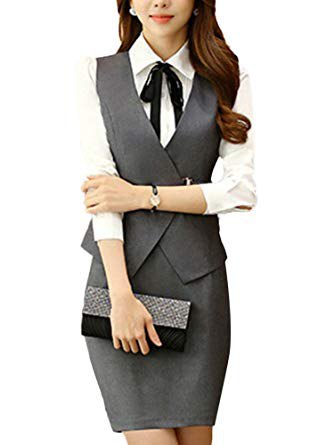 white shirt with buttons, gray, slim-fit vest and figure-hugging mini skirt