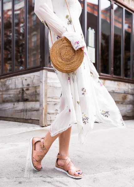 white long-sleeved midi chiffon fit and flare dress with naked hiking sandals