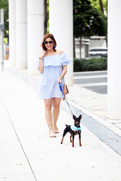 Light blue, strapless mini swing dress with bare flat strappy sandals