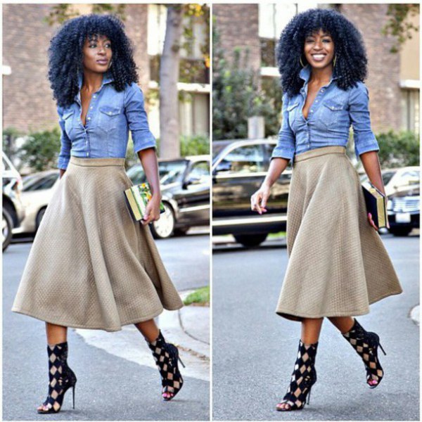 blue chambray shirt with red flared midi skirt and checkered open toe heels