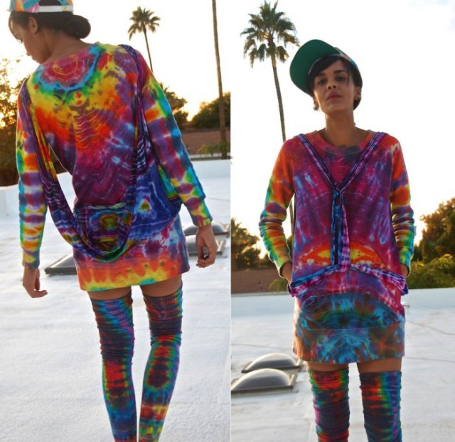 Tie dye sweatshirt dress with matching over the knee boots
