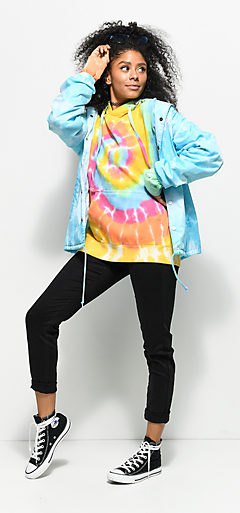 Colorful colored sweatshirt with a light blue windbreaker