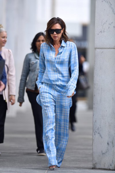 Sky blue and white checkered pajama shirt with matching trousers
