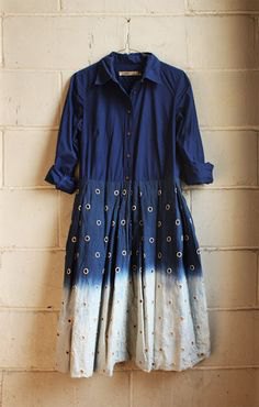 Dark blue and white batik color block shirt dress
